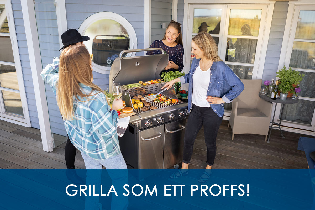 4 tjejer grillar hamburgare och grillspett på Bluegaz Z1 Gasolgrill på terrass