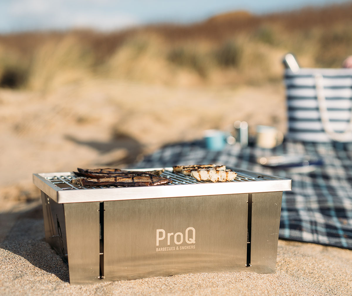 Grillar zucchini på ProQ Flatdog Bärbar grill på stranden framför picknickfilt