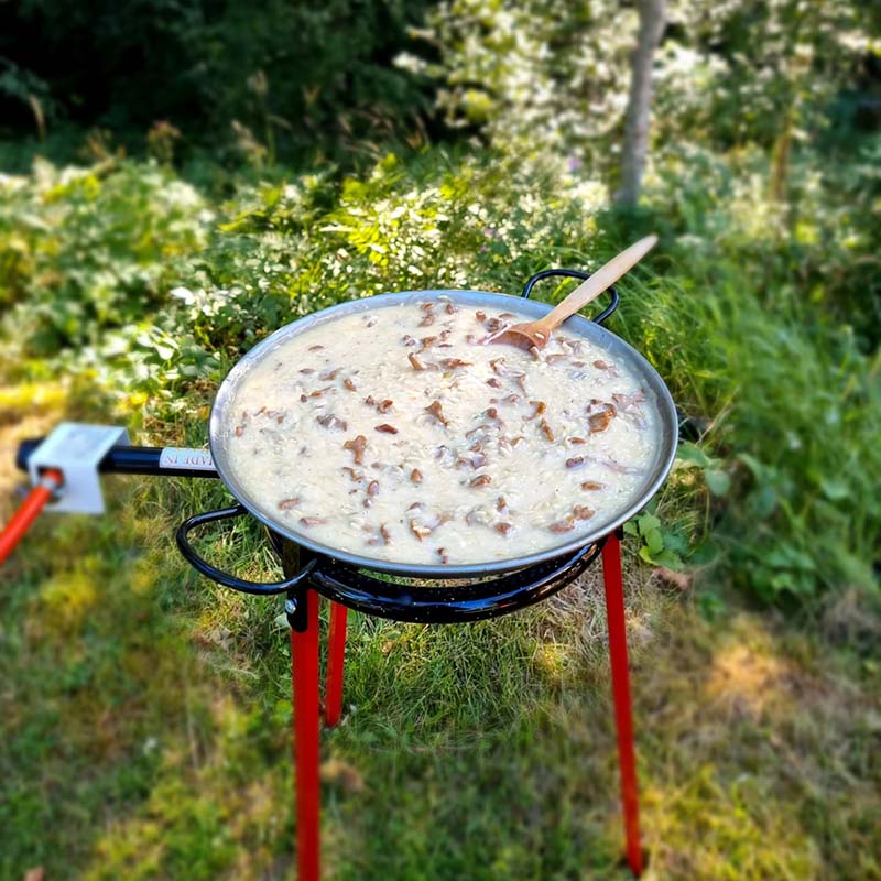 Vaello Paellaset 38 cm i skogen med kantarellrisoni-otto som puttrar