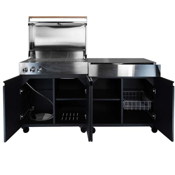 Bluegaz Z Gasolgrill bredvid sidomodul med öppna skåp