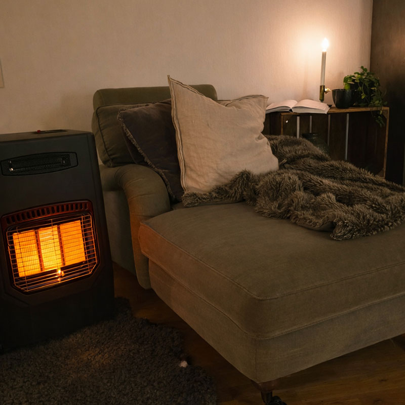 Bluegaz Gobi 2 Gasolkamin med fläkt står bredvid divan och värmer