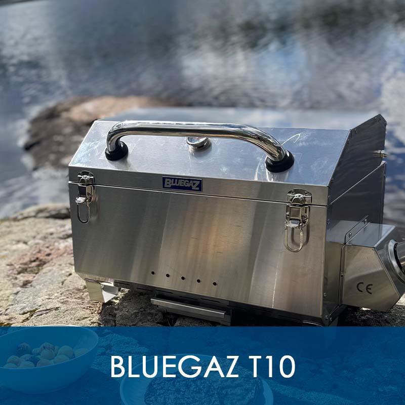 Bluegaz T10 bärbar gasolgrill med tallrikar framför