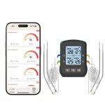 Bluegaz Trådlös Grilltermometer med 4 sonder bredvid mobil som visar app