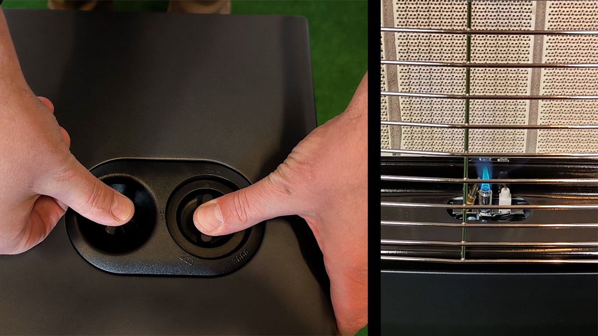 Man håller kontrollvred och piezotändningsknapp på gasolkamin nedtryckt så att pilotlåga tänds