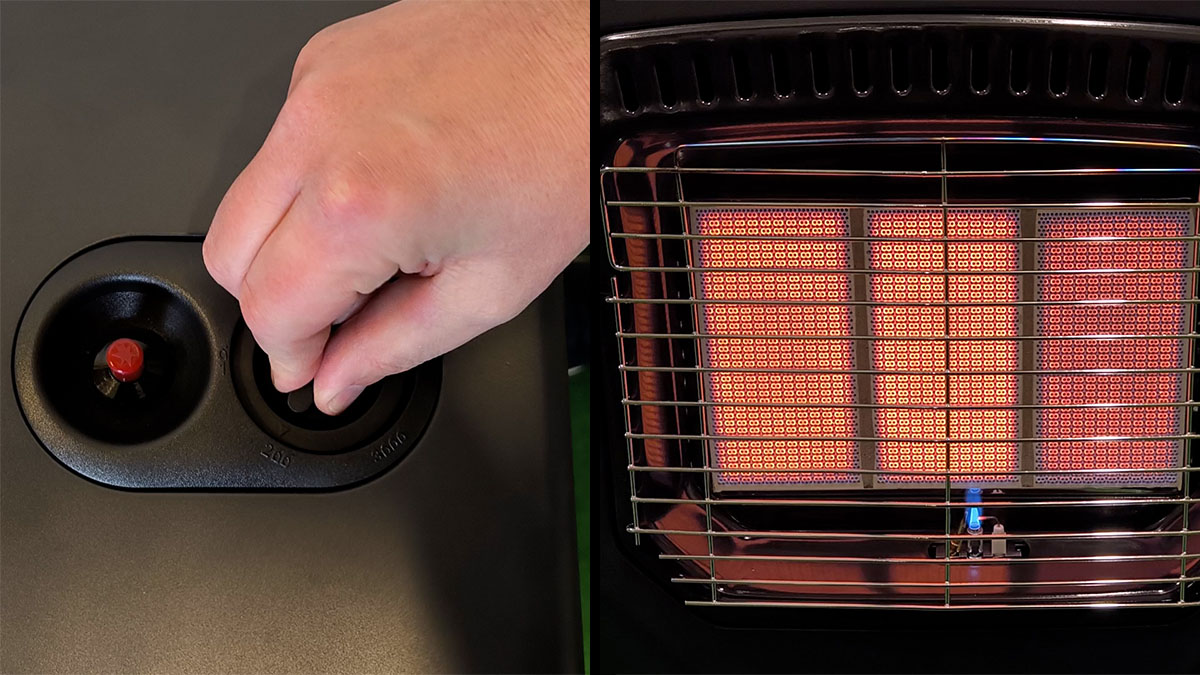 Man justerar värmen på gasolkaminen via kontrollvredet så att de keramiska elementen lyses upp och blir varma