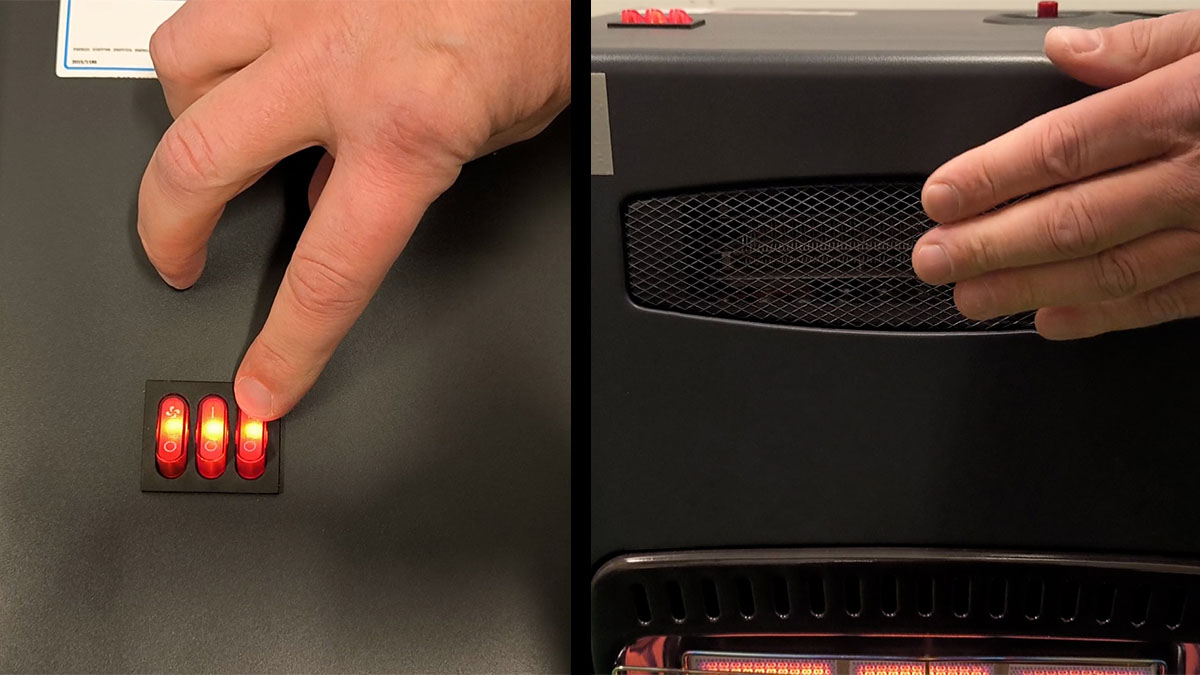 Man tänder elfläkt på gasolkamin och känner med handen på värmen från fläkten