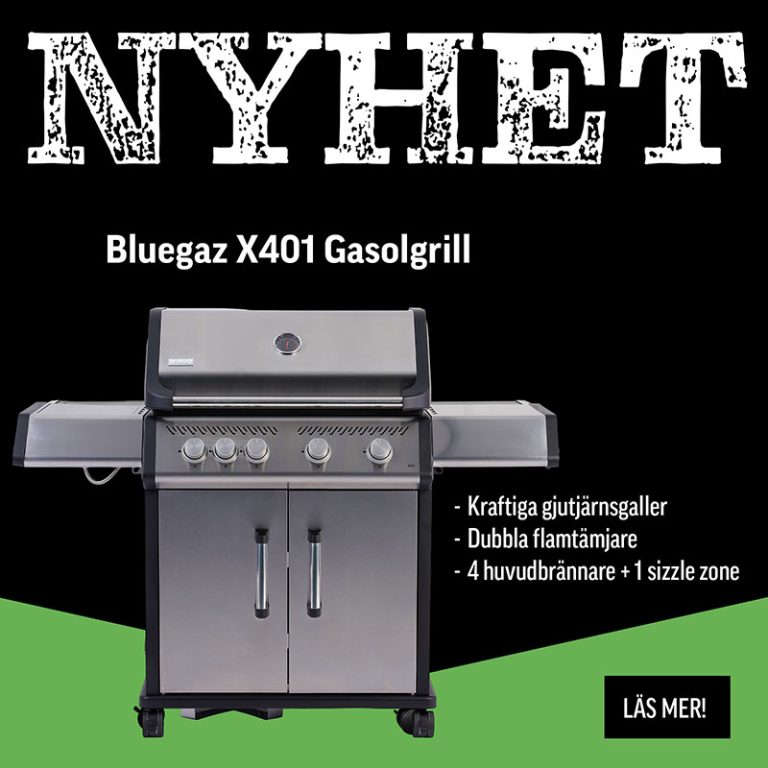 Lanseringsbanner med grön-svart bakgrund för Bluegaz X402 gasolgrill